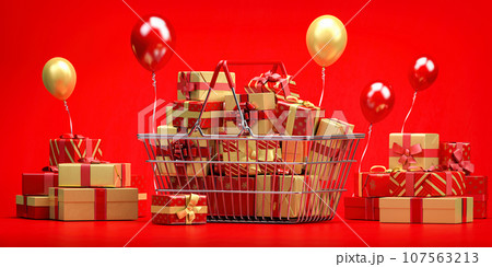 Shopping  basket full of gift boxes with ribbons and bows on a red backgreound. New year and Christmas shopping concept. 3d illustration 107563213