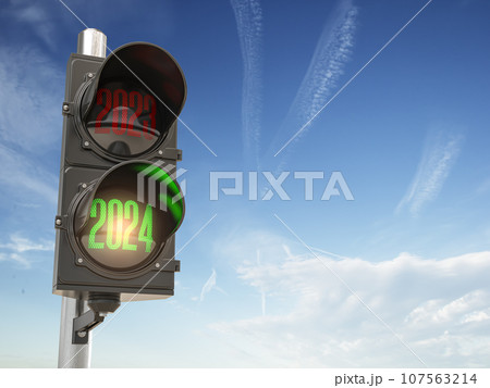 Traffic light with green light 2024 and red 2023 on sky background. Start New 2024 Year concept. 3d illustration 107563214