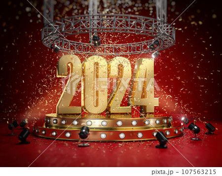 Happy New 2024 Year. 2024 on a podium  stage with spotlights and confetti. 107563215