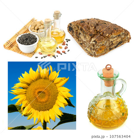 Bread with sunflower seeds and butter isolated on white . Collage. 107563404