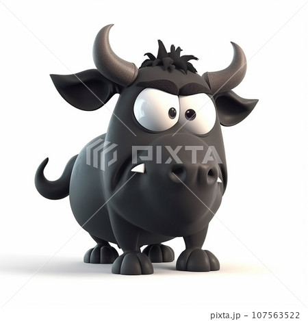 Black bull, funny cute black bull 3d illustration on white, creative avatar, unusual animal 107563522
