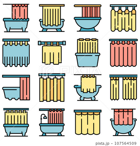 Shower curtain icons set. Outline set of shower curtain vector icons thin line color flat on white Shower curtain icons set. Outline set of shower curtain vector icons thin line color flat on white 107564509