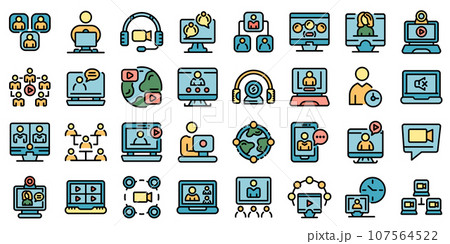Online meeting icons set. Outline set of online meeting vector icons thin line color flat on white 107564522