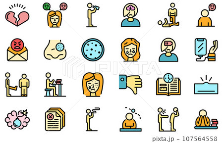 Teen problems icons set. Outline set of teen problems vector icons thin line color flat on white 107564558