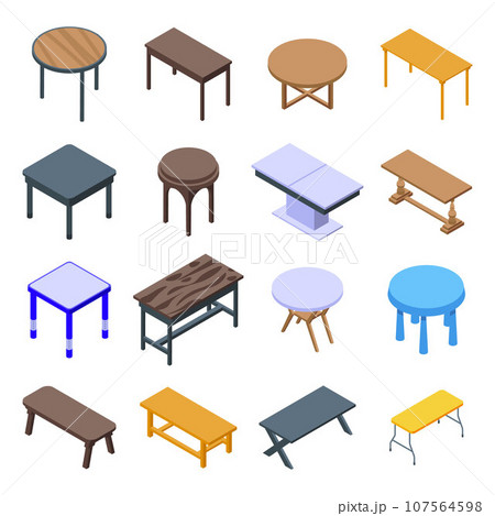 Table icons set. Isometric set of table vector icons for web design isolated on white background Table icons set. Isometric set of table vector icons for web design isolated on white background 107564598