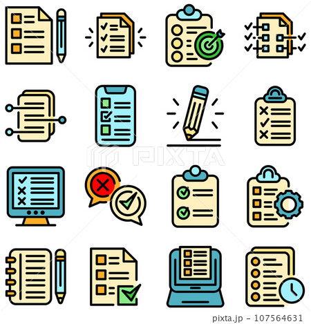 Assignment icons set. Outline set of assignment vector icons thin line color flat on white Assignment icons set. Outline set of assignment vector icons thin line color flat on white 107564631