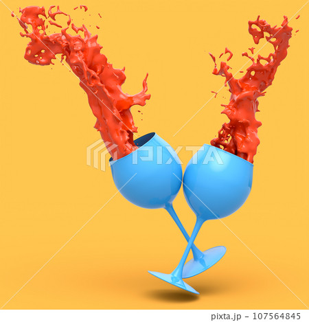 Wine glasses with red splashes of fluid isolated on orange monochrome background 107564845