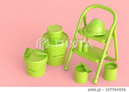 Set of metal cans or buckets with paint roller, brush and folding ladder Set of metal cans or buckets with paint roller, brush and folding ladder 107564856