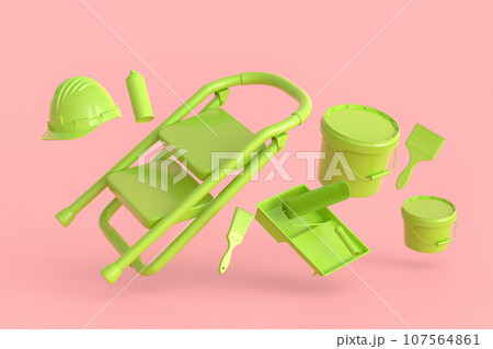 Set of folding ladder, bucket, helmet with paint rollers and brushes 107564861