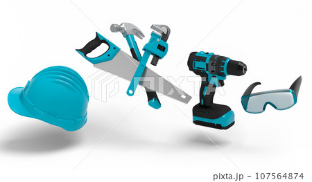Flying view of green construction tools for repair on white background 107564874
