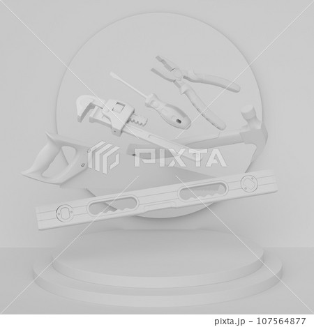 Abstract scene or podium with carpenters tools on monochrome background Abstract scene or podium with carpenters tools on monochrome background 107564877