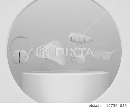 Abstract scene or podium with carpenters tools on monochrome background Abstract scene or podium with carpenters tools on monochrome background 107564886