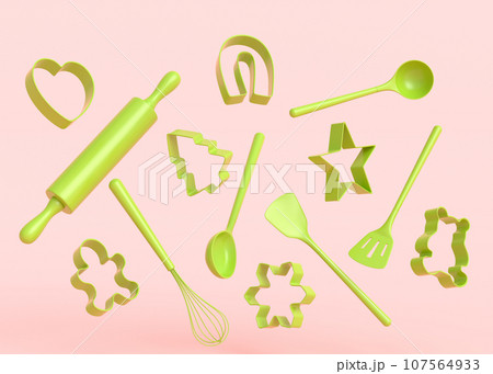 Wooden kitchen utensils and cookie cutters on monochrome background Wooden kitchen utensils and cookie cutters on monochrome background 107564933