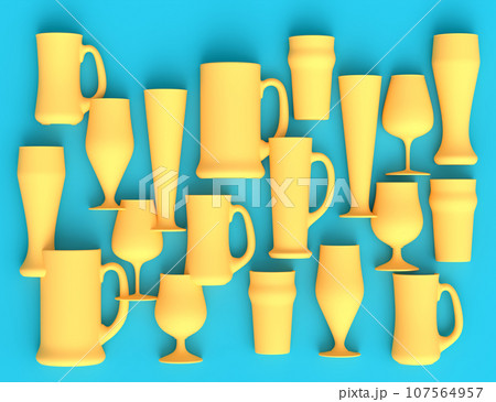 Set of yellow glasses of fresh draft beer on a green monochrome background. Set of yellow glasses of fresh draft beer on a green monochrome background. 107564957