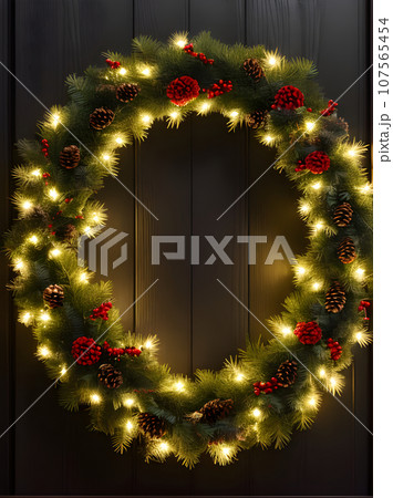 Cozy Christmas wreath medium shot dark cinematic. 107565454