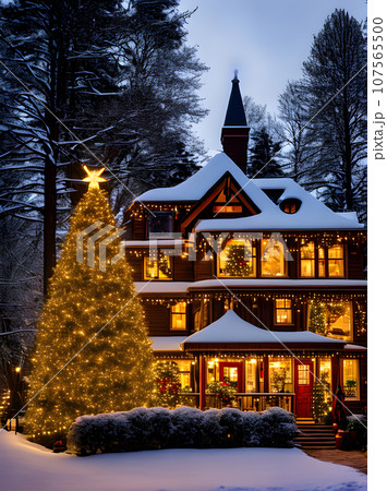 Cozy closeup house with warm lighting. 107565500