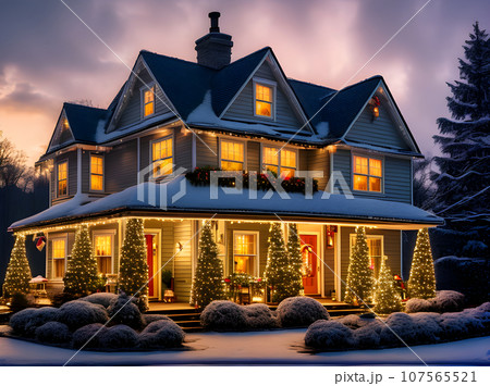 Cozy Christmas house artificial light pastel tones. 107565521
