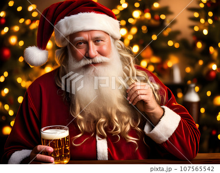 Cozy Santa with beer sunset cinematic closeup. 107565542