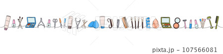 Makeup tools one line colored continuous drawing. Cosmetic cream, brushes, nail polish, sponge, comb, massage roller one line continuous illustration. Makeup tools one line colored continuous drawing. Cosmetic cream, brushes, nail polish, sponge, comb, massage roller one line continuous illustration. 107566081