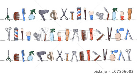 Set of hairdresser tools one line colored continuous drawing. Hair clipper, comb, sharp razor blade, hair straightener, scissors, hair dryer, brush Set of hairdresser tools one line colored continuous drawing. Hair clipper, comb, sharp razor blade, hair straightener, scissors, hair dryer, brush 107566082