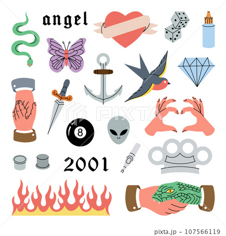 Set of tattoos. Old school tattoos. Swallow, rose, heart, knife, anchor, skull, hands, flowers, snake. Vector illustration. 107566119