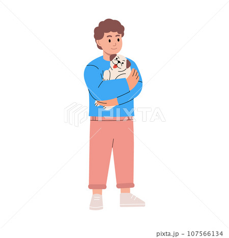 Young boy hugging dog pet. Child embracing domestic animal. Good friend. Friendship between child and pet. Cute chubby pug. Vector illustration. Young boy hugging dog pet. Child embracing domestic animal. Good friend. Friendship between child and pet. Cute chubby pug. Vector illustration. 107566134