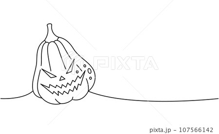 Autumn pumpkin face, vegetable one line continuous drawing. Halloween pumpkin with scary face continuous one line illustration. Vector illustration. 107566142