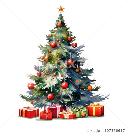 クリスマスツリーとプレゼントボックスの水彩画ベクターイラスト クリスマスツリーとプレゼントボックスの水彩画ベクターイラスト 107566617