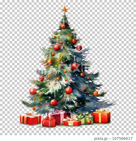 クリスマスツリーとプレゼントボックスの水彩画ベクターイラスト クリスマスツリーとプレゼントボックスの水彩画ベクターイラスト 107566617