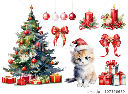クリスマスの水彩画セット。クリスマスツリー、赤い帽子を被った猫