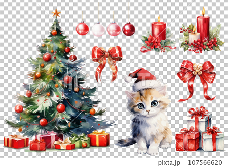 クリスマスの水彩画セット。クリスマスツリー、赤い帽子を被った猫