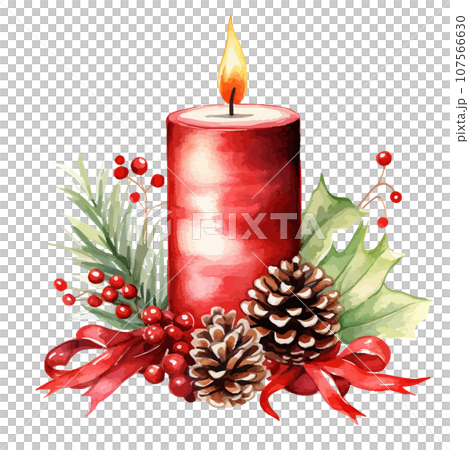 Watercolor illustration of red candle, pine cone and ribbon. Vector illustration. Watercolor illustration of red candle, pine cone and ribbon. Vector illustration. 107566630