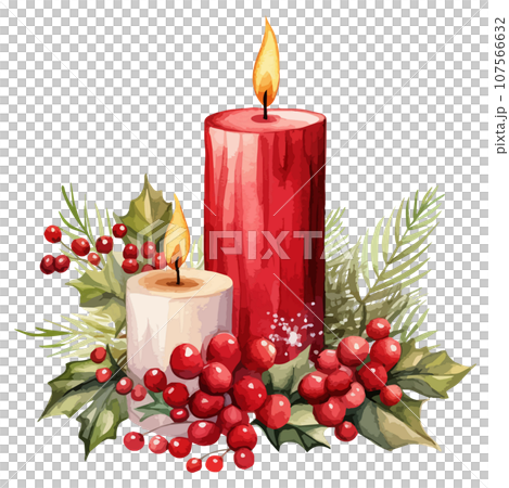 赤と白のクリスマスキャンドルの水彩画ベクターイラスト。 107566632