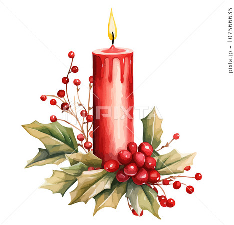 赤いクリスマスキャンドルの水彩画ベクターイラスト。 107566635