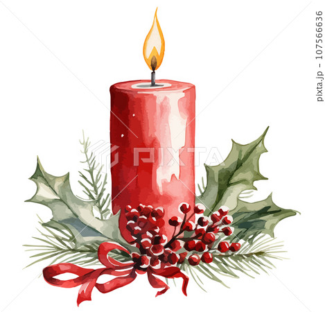 赤いクリスマスキャンドルと植物の水彩画ベクターイラスト。木の実、ヒイラギ。 赤いクリスマスキャンドルと植物の水彩画ベクターイラスト。木の実、ヒイラギ。 107566636