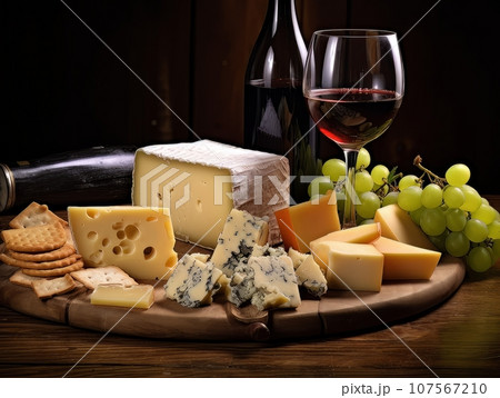 Cheese board with different varieties and glass of wine. AI 107567210