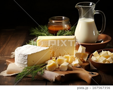 Table with board of different types of fresh cheeses, milk and herbs. AI Table with board of different types of fresh cheeses, milk and herbs. AI 107567356