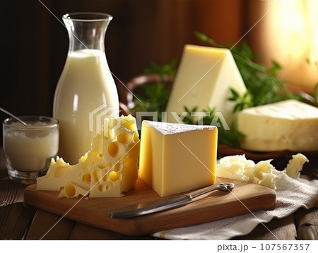 Table with board of different types of fresh cheeses, milk and herbs. AI 107567357