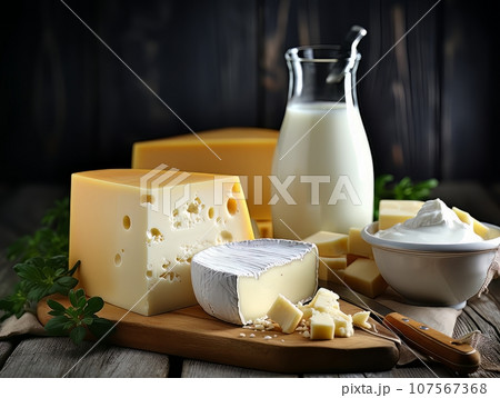 Table with board of different types of fresh cheeses, milk and herbs. AI 107567368