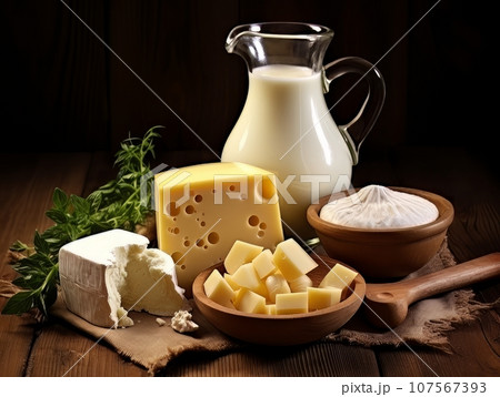 Table with board of different types of fresh cheeses, milk and herbs. AI 107567393