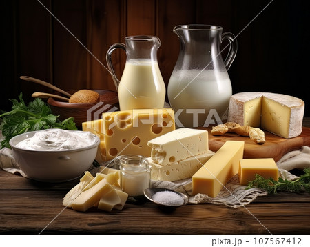 Table with board of different types of fresh cheeses, milk and herbs. AI Table with board of different types of fresh cheeses, milk and herbs. AI 107567412