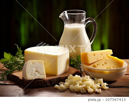Table with board of different types of fresh cheeses, milk and herbs. AI Table with board of different types of fresh cheeses, milk and herbs. AI 107567413