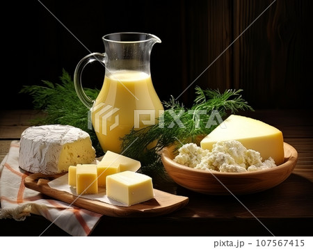 Table with board of different types of fresh cheeses, milk and herbs. AI Table with board of different types of fresh cheeses, milk and herbs. AI 107567415