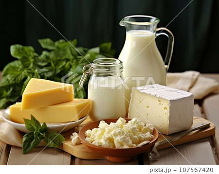 Table with board of different types of fresh cheeses, milk and herbs. AI Table with board of different types of fresh cheeses, milk and herbs. AI 107567420
