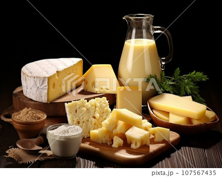 Table with board of different types of fresh cheeses, milk and herbs. AI Table with board of different types of fresh cheeses, milk and herbs. AI 107567435