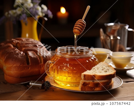 Lush fresh buns with honey and tea on the table. AI 107567442