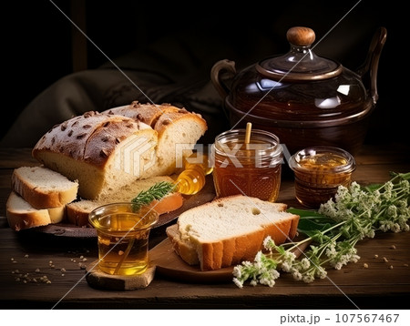 Lush fresh buns with honey and tea on the table. AI 107567467