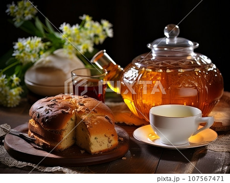Lush fresh buns with honey and tea on the table. AI Lush fresh buns with honey and tea on the table. AI 107567471