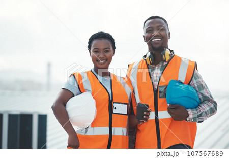 Portrait, engineer team and smile of black people at construction site with coffee. Teamwork, architecture and happy African man and woman with tea, collaboration and cooperation with mockup space. 107567689