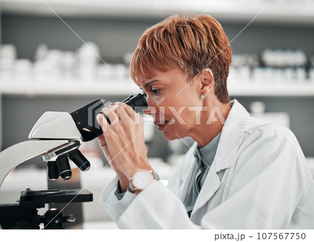 Science, woman and microscope for lab research and studying virus in a hospital or clinic. Scientist, medical study and chemistry expert of a worker with professional project for healthcare 107567750